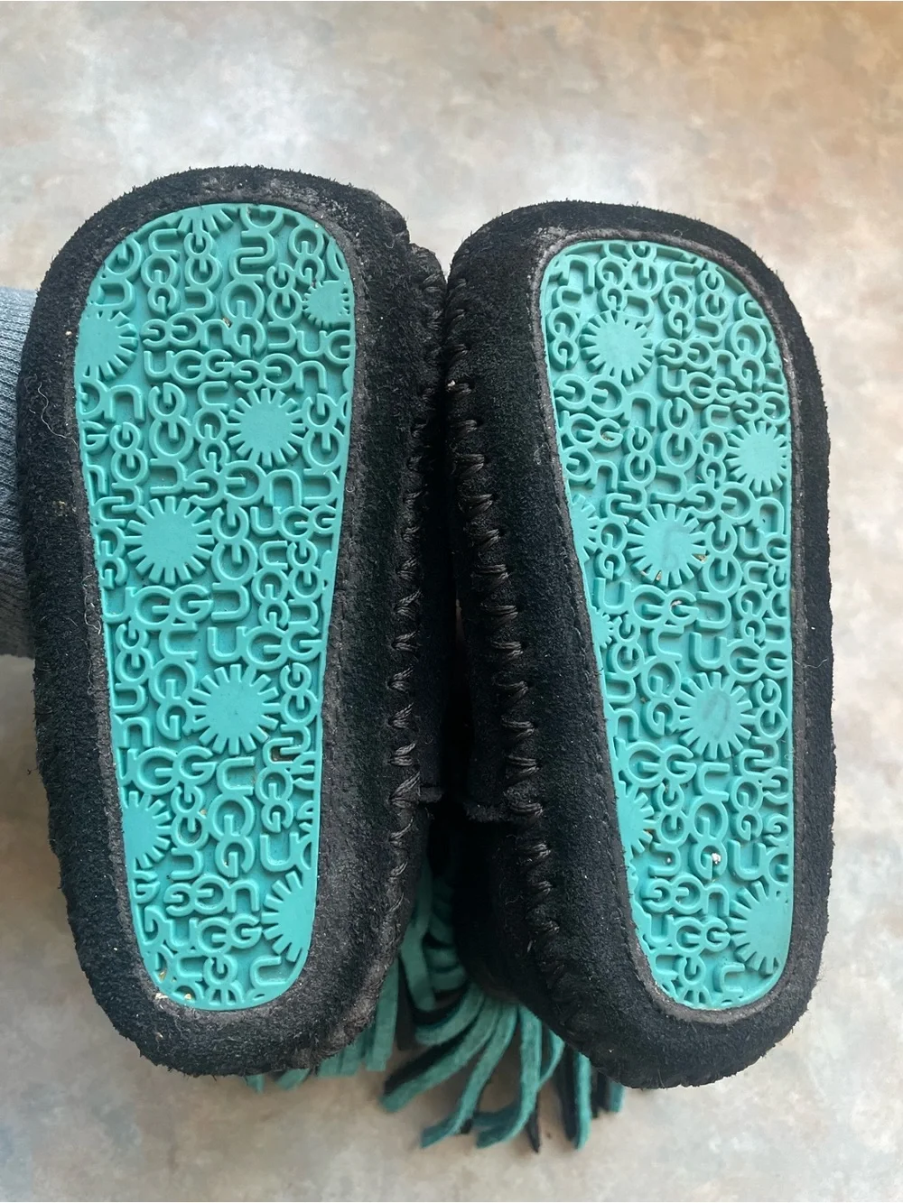 UGG Black Suede Kids Fringe Boots with Teal Accents